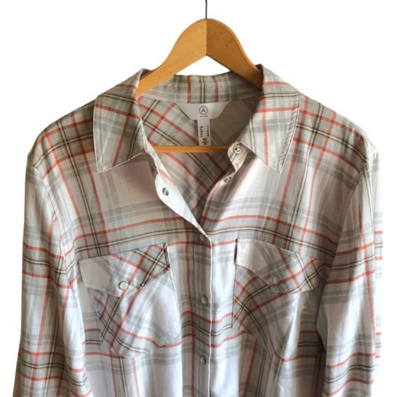 Addition Elle Plaid Button Up Shirt Size X Gray Peach and Orange Red - Picture 2 of 10